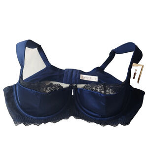 Cacique 42D Bra Navy Blue Satin Sexy Peekaboo Quarter Cup Black Lace Boudoir